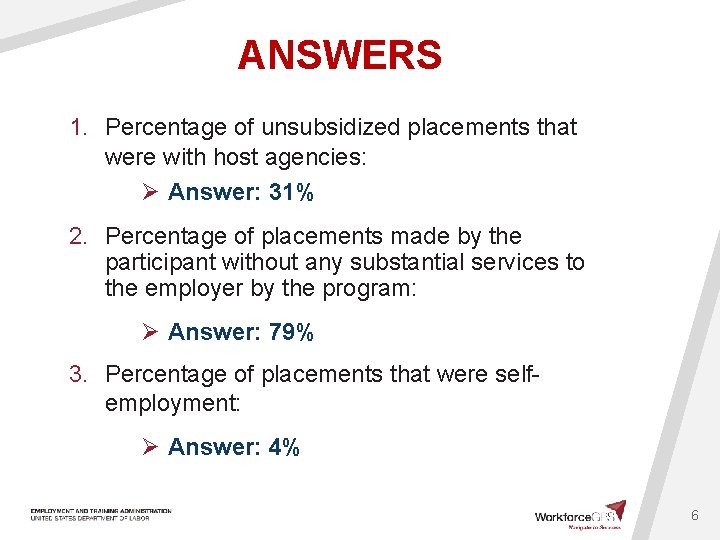 ANSWERS 1. Percentage of unsubsidized placements that were with host agencies: Ø Answer: 31%