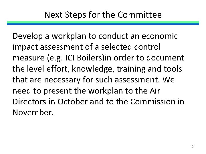 Next Steps for the Committee Develop a workplan to conduct an economic impact assessment