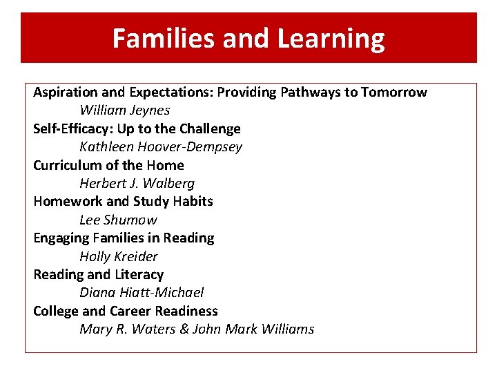 Families and Learning Aspiration and Expectations: Providing Pathways to Tomorrow William Jeynes Self-Efficacy: Up