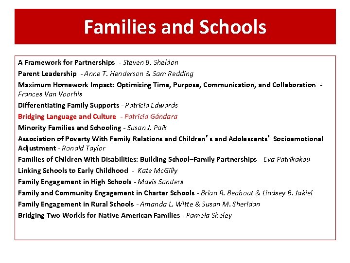 Families and Schools A Framework for Partnerships ‐ Steven B. Sheldon Parent Leadership ‐