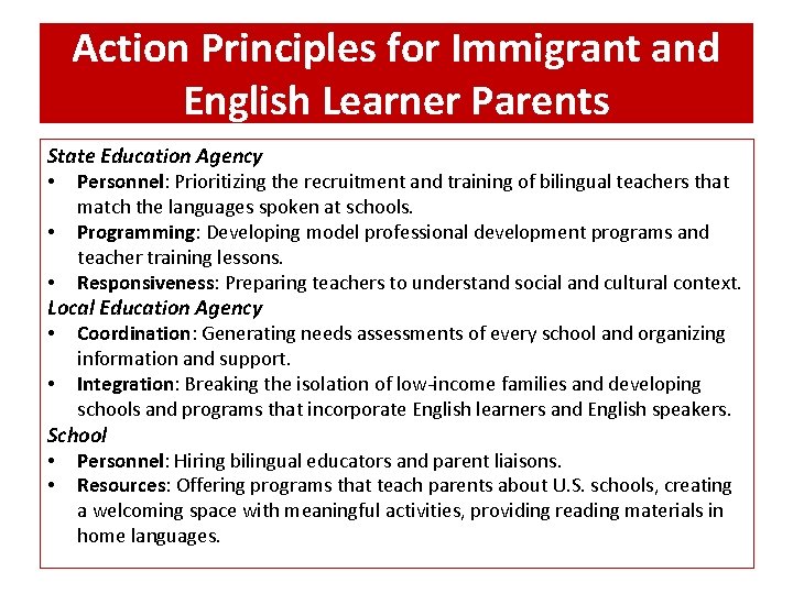 Action Principles for Immigrant and English Learner Parents State Education Agency • Personnel: Prioritizing