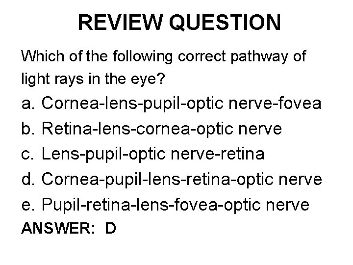 REVIEW QUESTION Which of the following correct pathway of light rays in the eye?