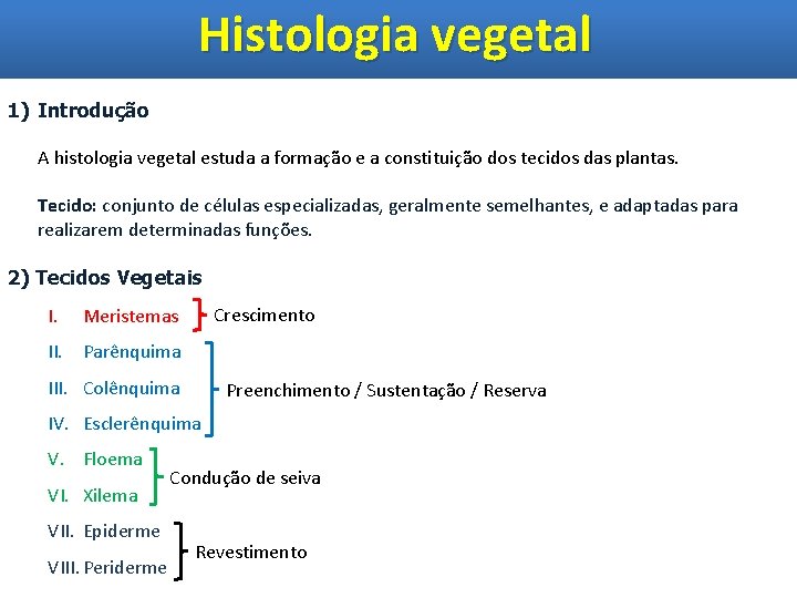 Histologia vegetal 1) Introdução A histologia vegetal estuda a formação e a constituição dos