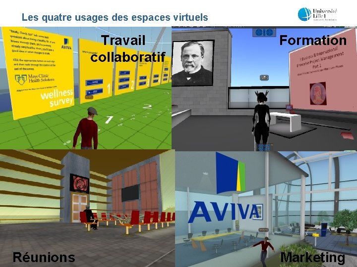 Les quatre usages des espaces virtuels Travail collaboratif Réunions Formation Marketing 