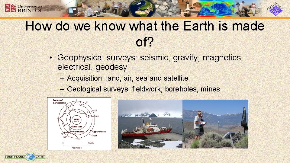 How do we know what the Earth is made of? • Geophysical surveys: seismic,