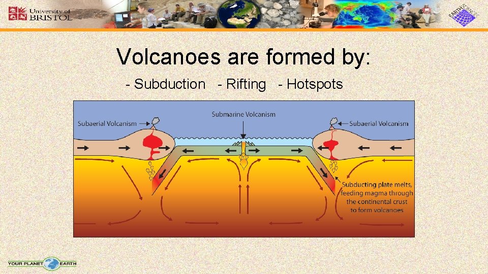 Volcanoes are formed by: - Subduction - Rifting - Hotspots 