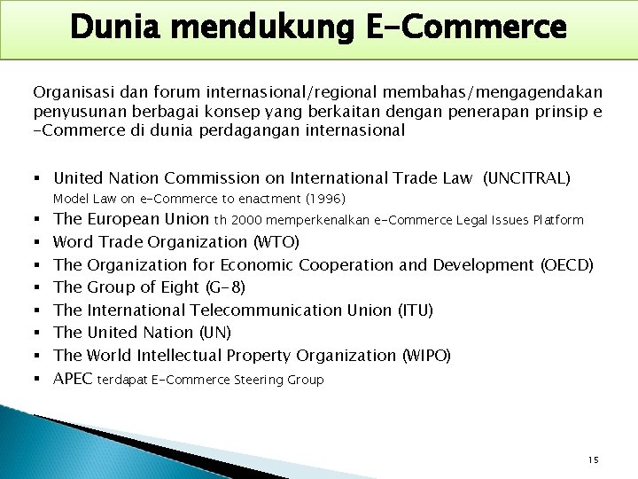 Dunia mendukung E-Commerce Organisasi dan forum internasional/regional membahas/mengagendakan penyusunan berbagai konsep yang berkaitan dengan