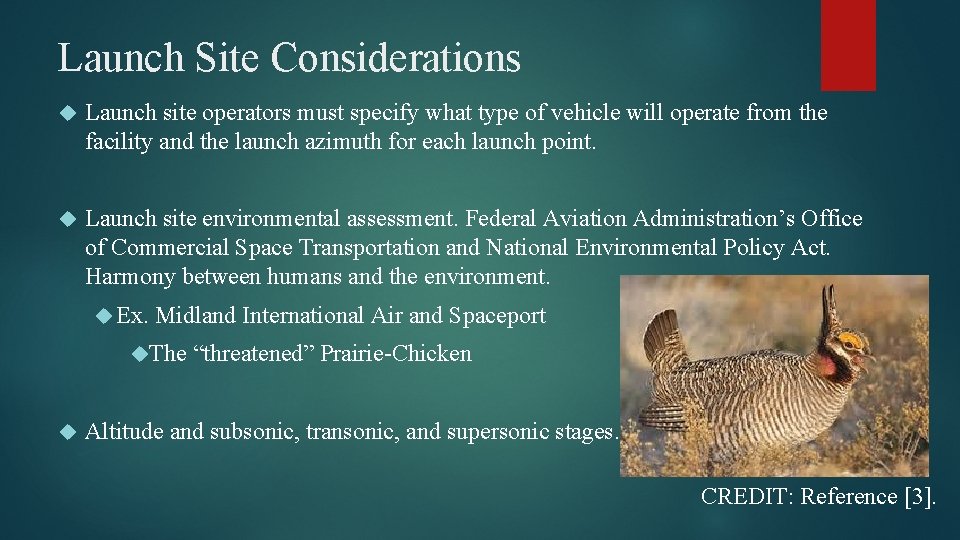 Launch Site Considerations Launch site operators must specify what type of vehicle will operate Launch Site Considerations Launch site operators must specify what type of vehicle will operate