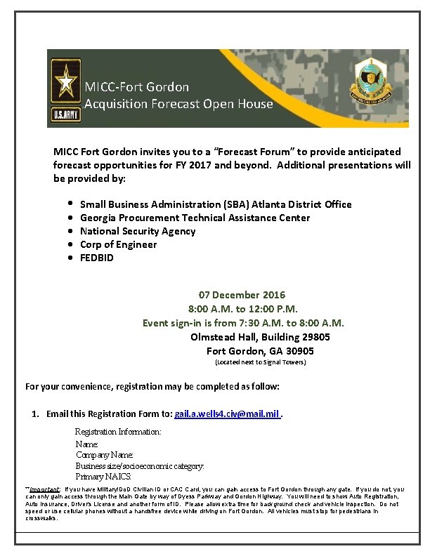 MICC-Fort Gordon Acquisition Forecast Open House MICC Fort Gordon invites you to a “Forecast