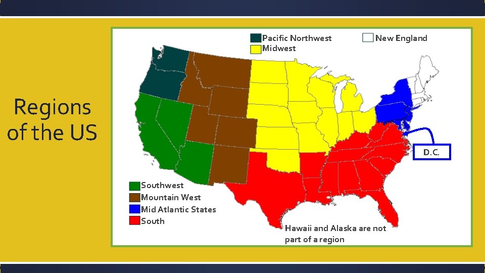 Pacific Northwest Midwest New England Regions of the US D. C. Southwest Mountain West