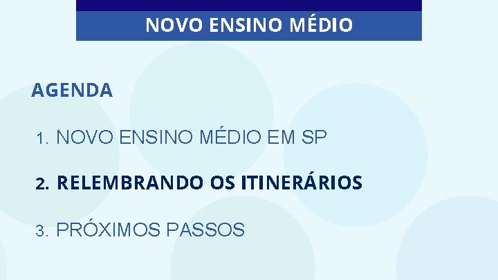 NOVO ENSINO MÉDIO AGENDA 1. NOVO ENSINO MÉDIO EM SP 2. RELEMBRANDO OS ITINERÁRIOS