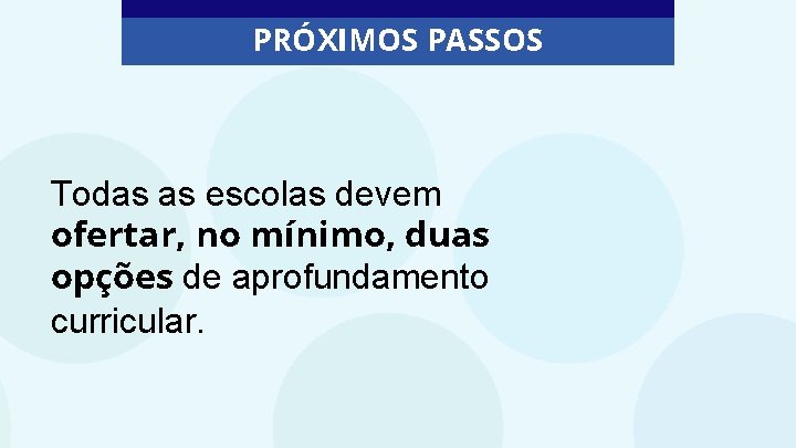 PRÓXIMOS PASSOS Todas as escolas devem ofertar, no mínimo, duas opções de aprofundamento curricular.