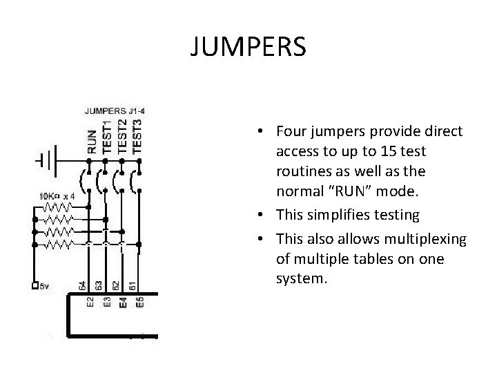 JUMPERS • Four jumpers provide direct access to up to 15 test routines as