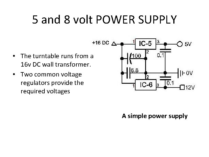 5 and 8 volt POWER SUPPLY • The turntable runs from a 16 v