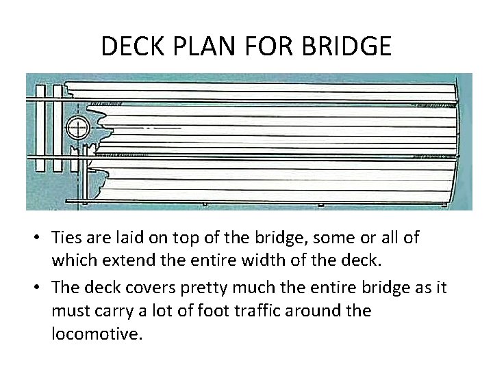 DECK PLAN FOR BRIDGE • Ties are laid on top of the bridge, some