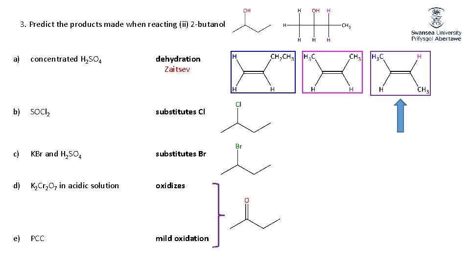 3. Predict the products made when reacting (ii) 2 -butanol a) concentrated H 2