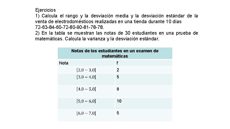 Ejercicios 1) Calcula el rango y la desviación media y la desviación estándar de