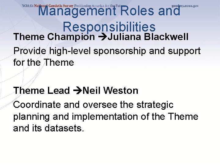 Management Roles and Responsibilities Theme Champion Juliana Blackwell Provide high-level sponsorship and support for