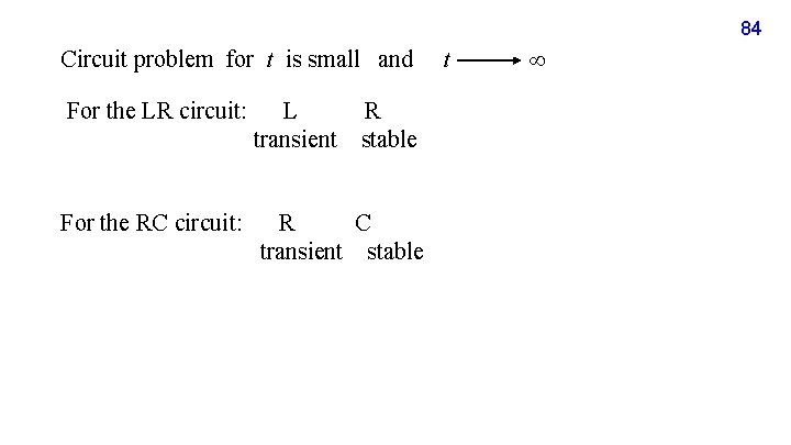84 Circuit problem for t is small and For the LR circuit: L transient