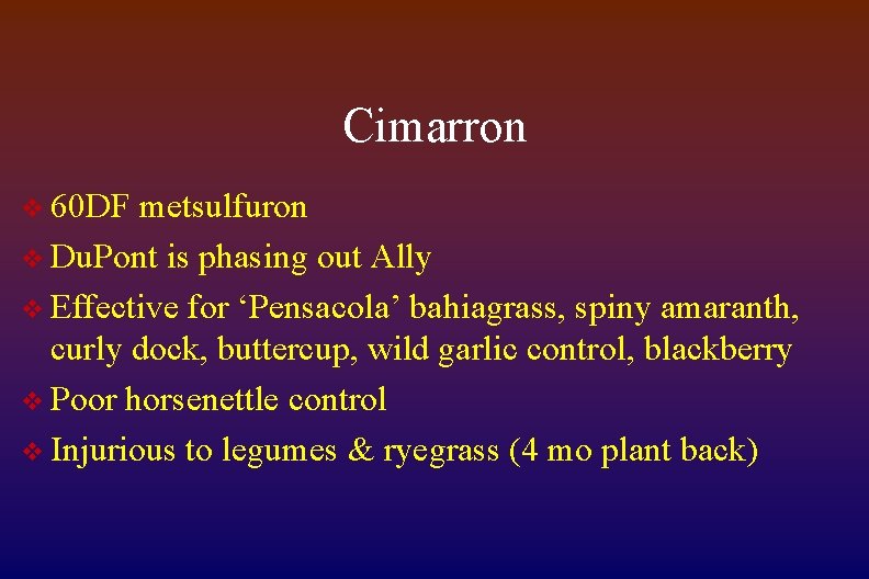 Cimarron v 60 DF metsulfuron v Du. Pont is phasing out Ally v Effective