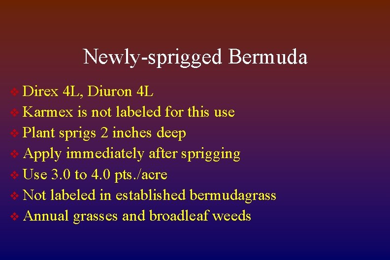 Newly-sprigged Bermuda v Direx 4 L, Diuron 4 L v Karmex is not labeled