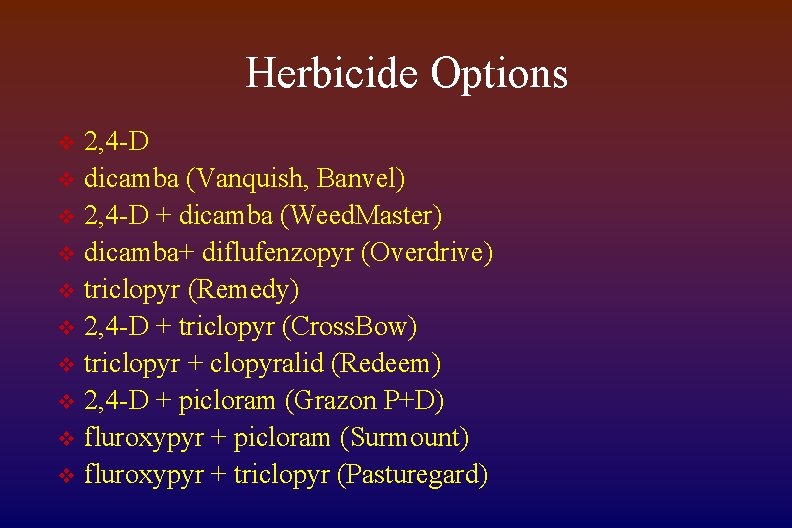 Herbicide Options 2, 4 -D v dicamba (Vanquish, Banvel) v 2, 4 -D +