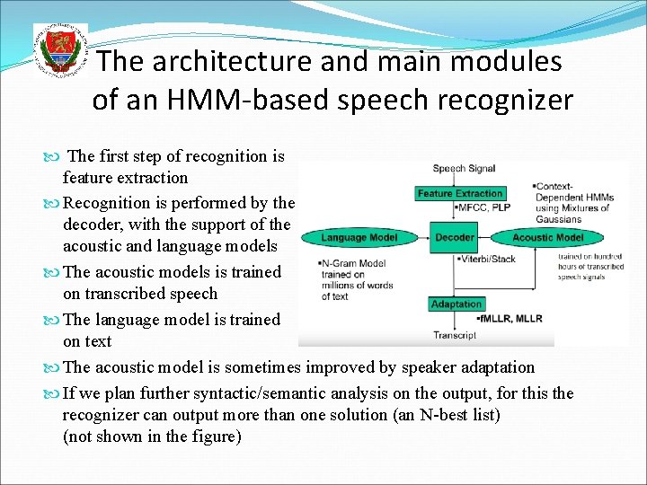 The architecture and main modules of an HMM-based speech recognizer The first step of