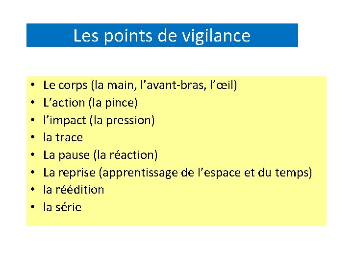 Les points de vigilance • • Le corps (la main, l’avant-bras, l’œil) L’action (la