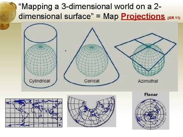 “Mapping a 3 -dimensional world on a 2 dimensional surface” = Map Projections (GR