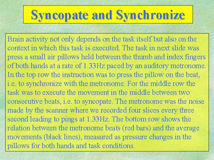 Syncopate and Synchronize Brain activity not only depends on the task itself but also