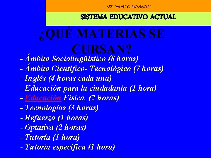 IES “NUEVO MILENIO” SISTEMA EDUCATIVO ACTUAL ¿QUÉ MATERIAS SE CURSAN? - Ámbito Sociolingüístico (8