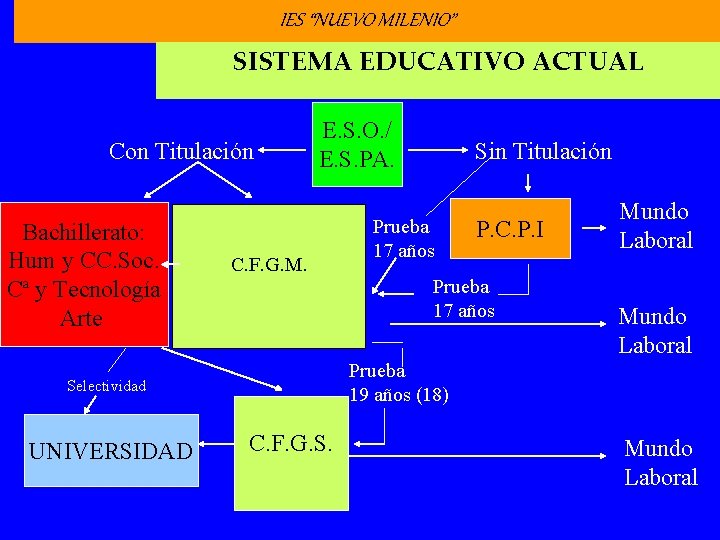 IES “NUEVO MILENIO” SISTEMA EDUCATIVO ACTUAL Con Titulación Bachillerato: Hum y CC. Soc. Cª