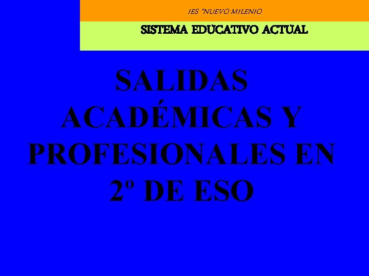 IES “NUEVO MILENIO SISTEMA EDUCATIVO ACTUAL SALIDAS ACADÉMICAS Y PROFESIONALES EN 2º DE ESO