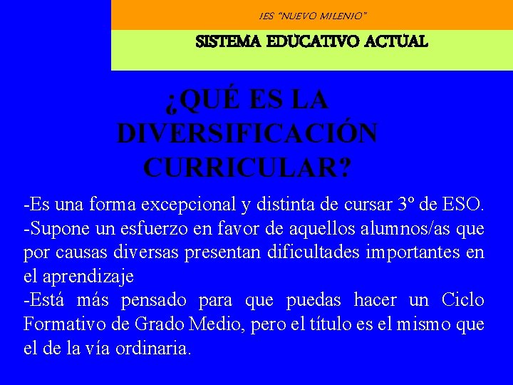 IES “NUEVO MILENIO” SISTEMA EDUCATIVO ACTUAL ¿QUÉ ES LA DIVERSIFICACIÓN CURRICULAR? -Es una forma