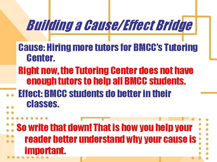 Building a Cause/Effect Bridge Cause: Hiring more tutors for BMCC’s Tutoring Center. Right now,