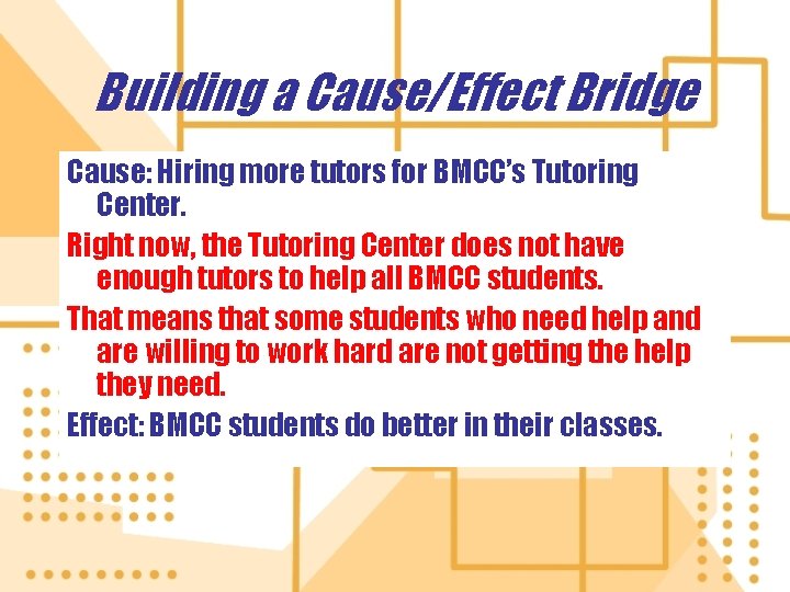 Building a Cause/Effect Bridge Cause: Hiring more tutors for BMCC’s Tutoring Center. Right now,