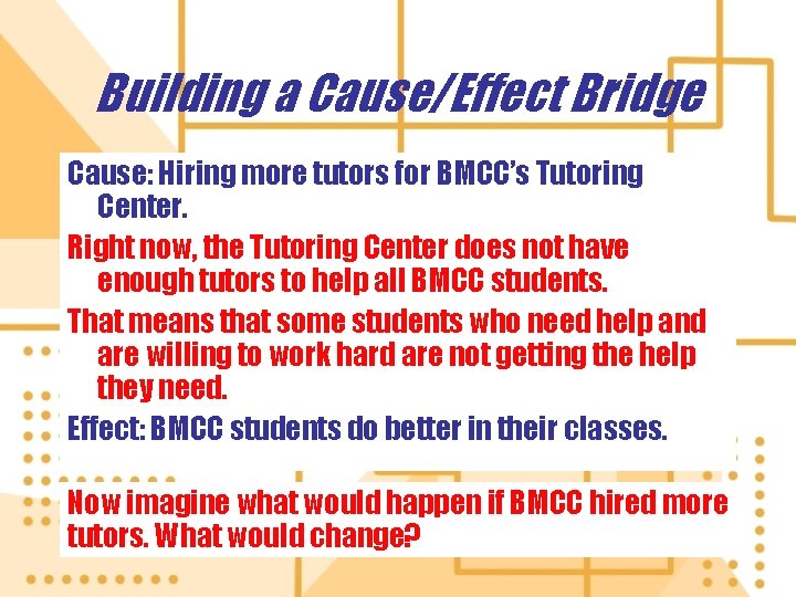 Building a Cause/Effect Bridge Cause: Hiring more tutors for BMCC’s Tutoring Center. Right now,