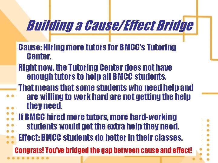 Building a Cause/Effect Bridge Cause: Hiring more tutors for BMCC’s Tutoring Center. Right now,