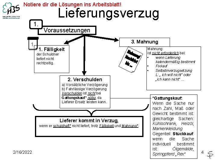 Notiere dir die Lösungen ins Arbeitsblatt! Lieferungsverzug 1. 1. Voraussetzungen 3. Mahnung 1. Fälligkeit