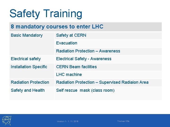 Safety Training 8 mandatory courses to enter LHC Basic Mandatory Safety at CERN Evacuation