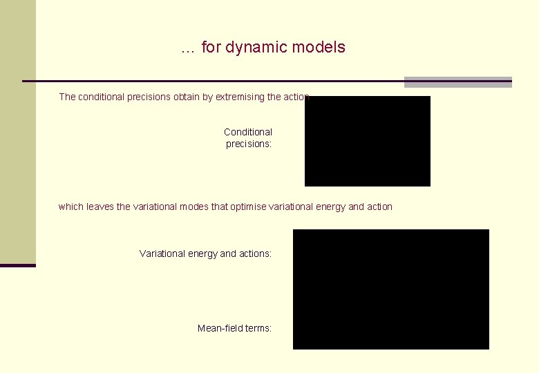 … for dynamic models The conditional precisions obtain by extremising the action Conditional precisions: … for dynamic models The conditional precisions obtain by extremising the action Conditional precisions: