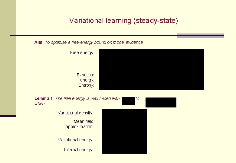 Variational learning (steady-state) Aim: To optimise a free-energy bound on model evidence Free-energy: Expected Variational learning (steady-state) Aim: To optimise a free-energy bound on model evidence Free-energy: Expected