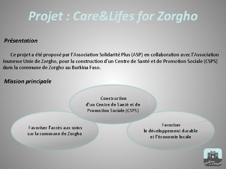 Projet : Care&Lifes for Zorgho Présentation Ce projet a été proposé par l’Association Solidarité