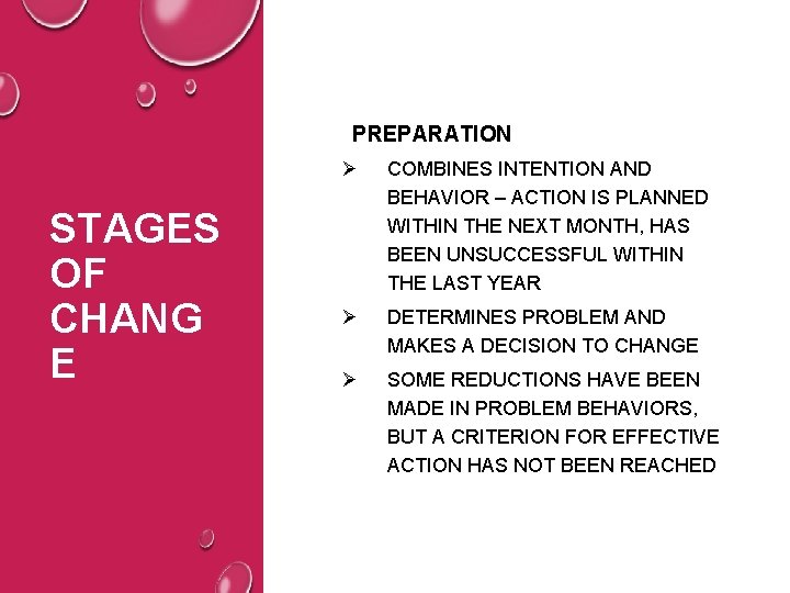 PREPARATION STAGES OF CHANG E Ø COMBINES INTENTION AND BEHAVIOR – ACTION IS PLANNED