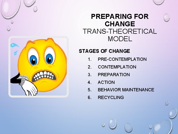 PREPARING FOR CHANGE TRANS-THEORETICAL MODEL STAGES OF CHANGE 1. PRE-CONTEMPLATION 2. CONTEMPLATION 3. PREPARATION