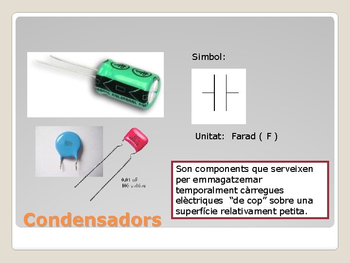 Simbol: Unitat: Farad ( F ) Condensadors Son components que serveixen per emmagatzemar temporalment