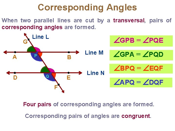 Corresponding Angles When two parallel lines are cut by a transversal, pairs of corresponding