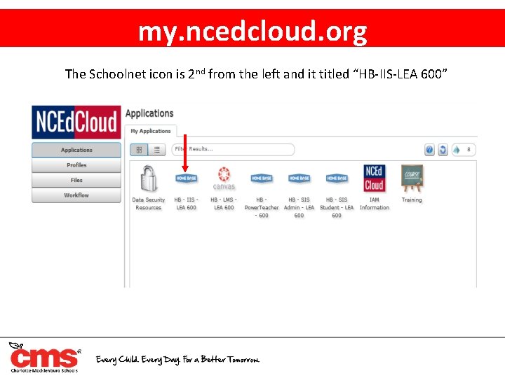 my. ncedcloud. org The Schoolnet icon is 2 nd from the left and it
