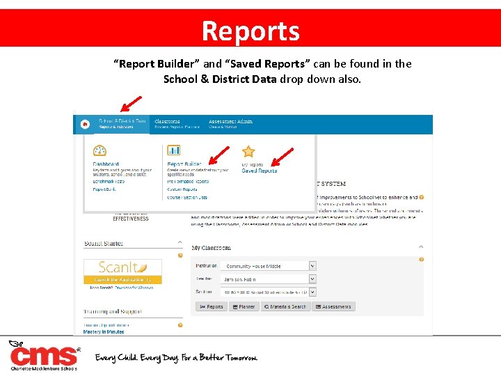 Reports “Report Builder” and “Saved Reports” can be found in the School & District