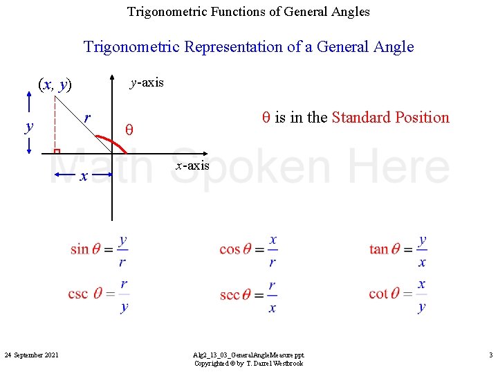 Trigonometric Functions of General Angles Trigonometric Representation of a General Angle y-axis (x, y)